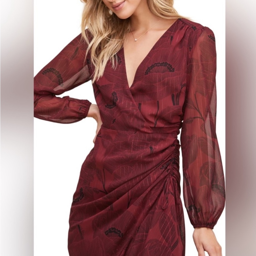 Astr Red Ruched Wrap Dress with Bishop Sleeves